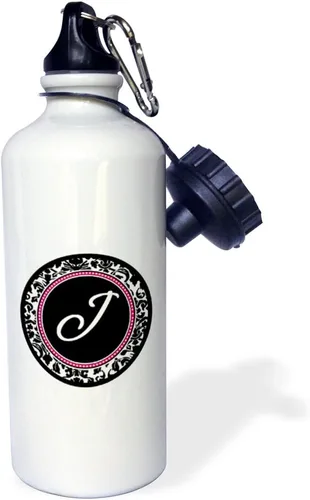 Vista 2 de 3dRose "Letra J elegante monograma círculo femenino personal inicial personalizado negro damasco con rosa intenso" Botella de agua deportiva, 21