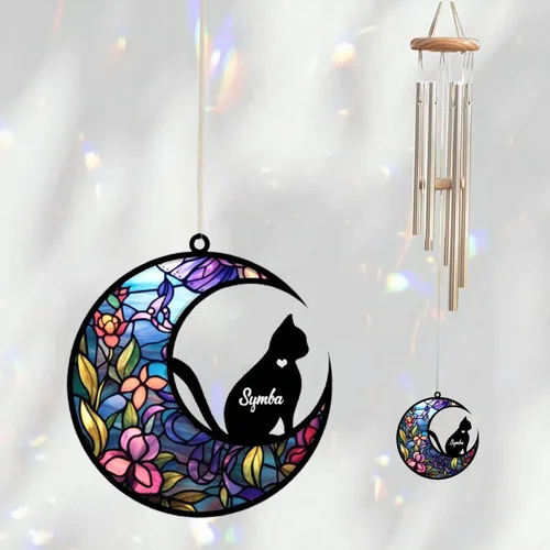 Vista 2 de Campanilla de viento conmemorativa personalizada para gatos, regalo de condolencias por pérdida de mascotas, regalo conmemorativo para gatos