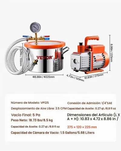 Vista 7 de VEVOR Cámara de vacío de 1.5 galones y kit de bomba de 3.5 CFM, cámara de acero inoxidable, kit de cámara de desgasificación de bomba de vacío