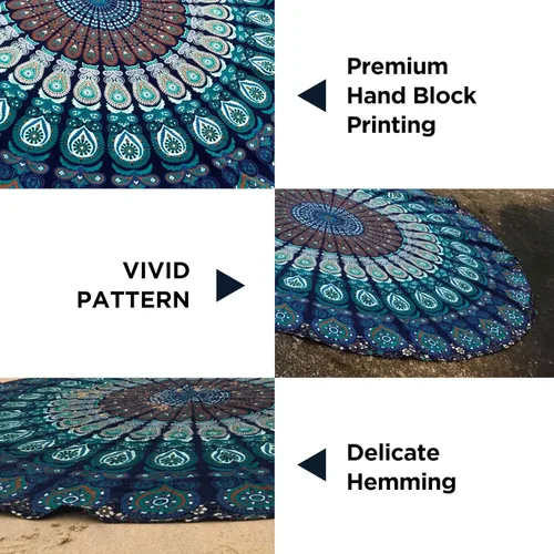 Vista 4 de raajsee Tapiz de Playa Redondo Turquesa Hippie/Boho Manta de Playa Mandala/Manta de Algodón Indio - Mantel Redondo/Decoración del Hogar/Alfombra
