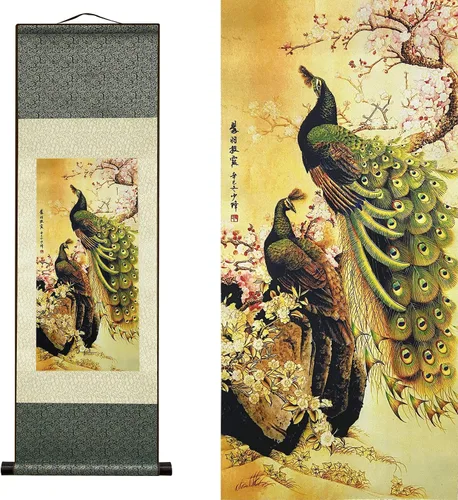 Vista 12 de AtfArt Decoración asiática de pared, hermosa pintura de pergamino de seda del paisaje del río de la cascada - Montaña, primavera, otoño