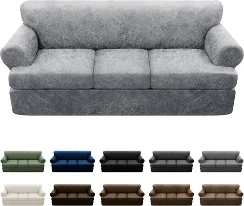 Vista 43 de Fundas para Sillón de 2 Piezas con Cojín en T, Fundas de Aspecto de Cuero para Sofá, Fundas para Sillas, Protector de Muebles Elástico, Funda
