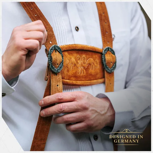Vista 7 de BAVARIA TRACHTEN Lederhosen - Traje de Oktoberfest de cuero genuino para hombre, marrón claro y oscuro, amarillo oliva antiguo, verde óxido Marrón