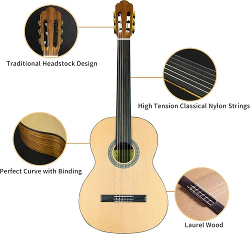 Vista 4 de TARIO Guitarra clásica sin trastes de 39 pulgadas Guitarra acústica tamaño completo Tapa de abeto Ovangkol espalda y lados Okoume diapasón de laurel