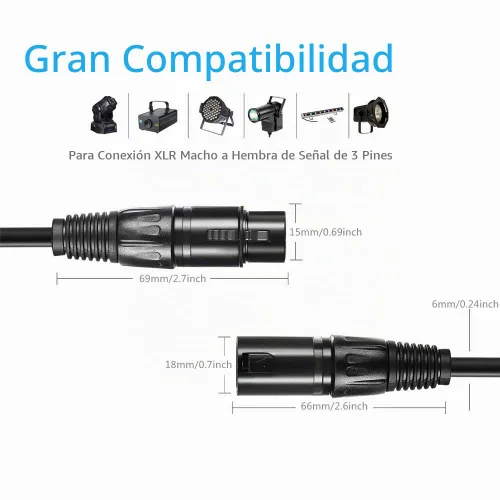 Vista 4 de Cable DMX flexible de 50 pies, cable DMX de 3 pines chapado en oro XLR macho a hembra, lo mejor para iluminación de escenario de DJ, luces de cabeza
