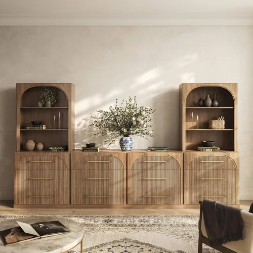Vista 80 de BELLEZE Centro de entretenimiento modular de 4 piezas con almacenamiento, 2 vitrinas de madera moderna con gabinete arqueado y 2 armarios de puerta