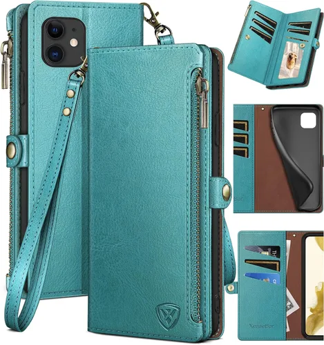Vista 8 de XcaseBar Funda tipo cartera compatible con iPhone 11 de 6.1 pulgadas con cremallera y tarjetero de crédito con bloqueo RFID, funda de piel sintética