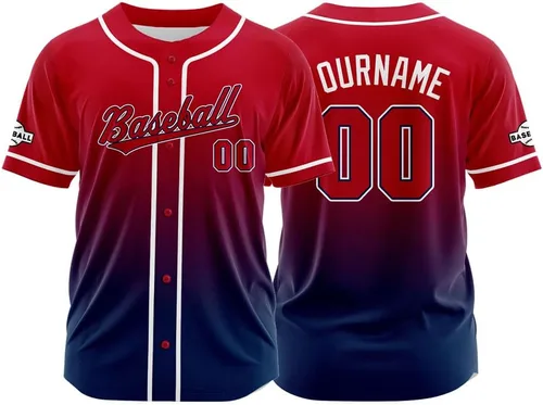 Vista 16 de Camiseta de béisbol con degradado personalizado, nombre, número y logotipo personalizados para hombres, mujeres y niños