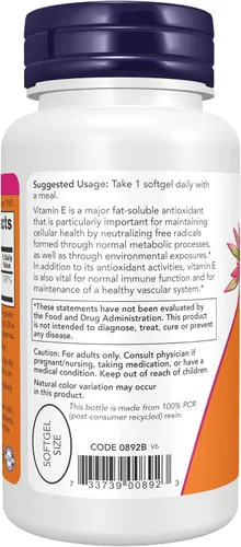 Vista 3 de NOW Suplementos, Vitamina E-400 UI Tocoferoles Mixtos, Protección Antioxidante*, 100 Cápsulas Blandas
