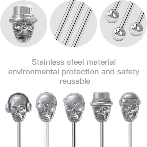Vista 2 de Palitos Swizzle con forma de calavera, reutilizables, de acero inoxidable, agitadores de bebidas para café, cóctel, paquete de 5 palitos