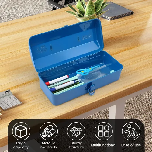 Vista 3 de Caja de almacenamiento de herramientas grande de metal con asa para taller, caja de herramientas portátil de 15 pulgadas con tapa, caja organizadora