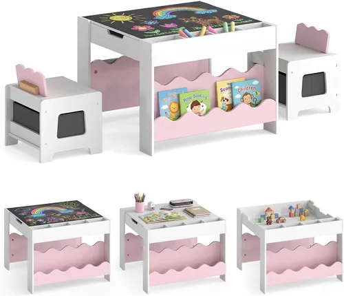 Vista 11 de Costzon - Juego de mesa y sillas para niños, escritorio de actividades multifuncional de madera para niños pequeños con mesa reversible, cajones