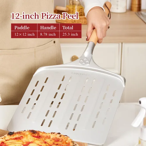 Vista 3 de Cáscara de pizza de 12 pulgadas – Espátula de pizza de aluminio anodizado con mango de madera – Ideal para horno de pizza y hornear, pelar ligero