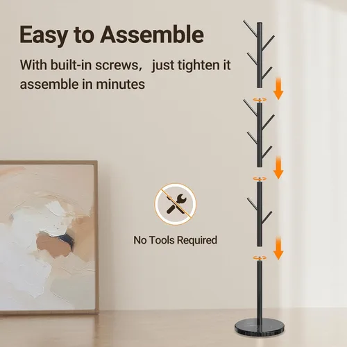 Vista 6 de ELYKEN - Perchero independiente con base de mármol natural, soporte de metal con 10 ganchos, árbol de abrigos con 3 tamaños ajustables para bolsos