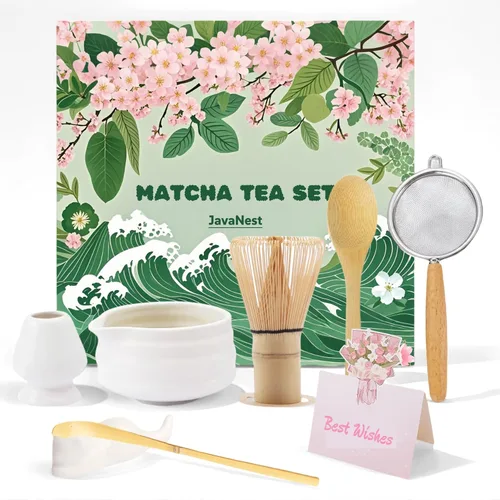 Vista 7 de Juego de té Matcha de 7 piezas con tarjeta de regalo, batidor de bambú de 120 puntas, cuenco de cerámica con boquilla, soporte para batidor