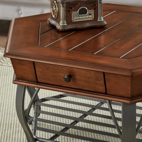 Vista 5 de Mesa de centro de madera hexagonal retro con parte superior de madera, mesa de centro de mediados de siglo de 2 niveles con cajón y patas de metal