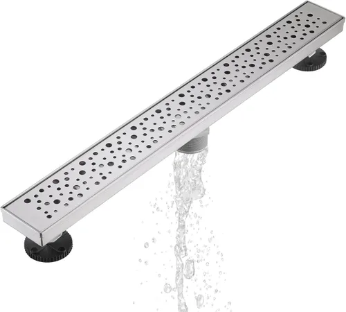 Vista 8 de Sharp-tec Drenaje lineal de ducha de 24 pulgadas, drenaje de piso rectangular cepillado, canal de drenaje de diseño en forma de V, acero inoxidable