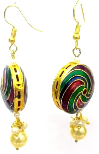 Vista 2 de DESI HAWKER Meenakari Minakari NI-278 - Pendientes chapados en oro hechos a mano con pintura esmaltada, joyería étnica de Bali Jhumki Jhumka