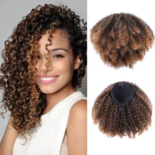 Vista 11 de Extensión de cabello sintético con cordón para coleta afro rizado para mujeres negras, onda corta (#1B, negro naturaleza)