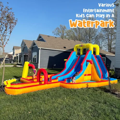 Vista 4 de Mega parque inflable de toboganes de agua, gran casa de rebote para niños de 5 a 12 años, tobogán acuático con pared de escalada, dos toboganes
