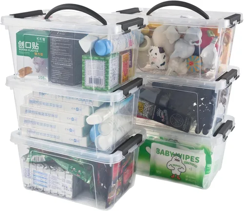 Vista 8 de Eslite Contenedores de almacenamiento apilables de plástico de 6 cuartos de galón, caja de pestillo transparente con asa y tapa, paquete de 6 Mango