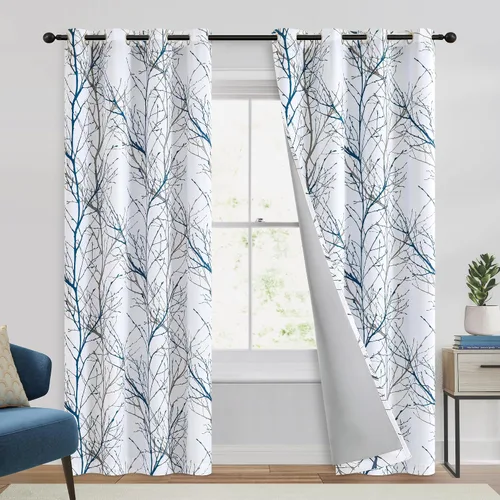 Vista 26 de FMFUNCTEX Cortinas 100% opacas para dormitorio, cortinas de ramas de árbol blanco y negro de 54 pulgadas de largo para sala de estar, cortinas
