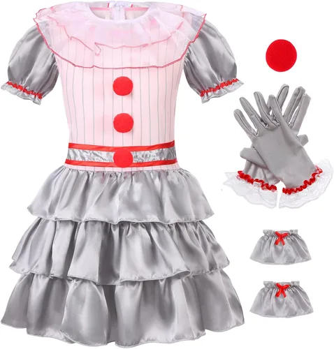 Vista 2 de Bordazor Creepy Clown Costume for Girls Creepy Character Cosplay Outfit Dress Up for the Halloween