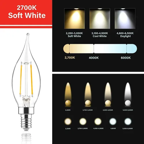 Vista 6 de Bombillas LED E12 para candelabros equivalentes a 60 W, bombillas de vela con punta de llama CA10 regulables, luz blanca suave de 2700 K, bombilla