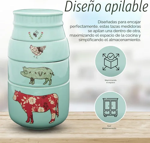 Vista 2 de Pavilion Gift Company - 'Live Simply Bee, Chicken, Pig, and Cow' - Juego de tazas medidoras de gres de 4 piezas, utensilios de cocina resistentes