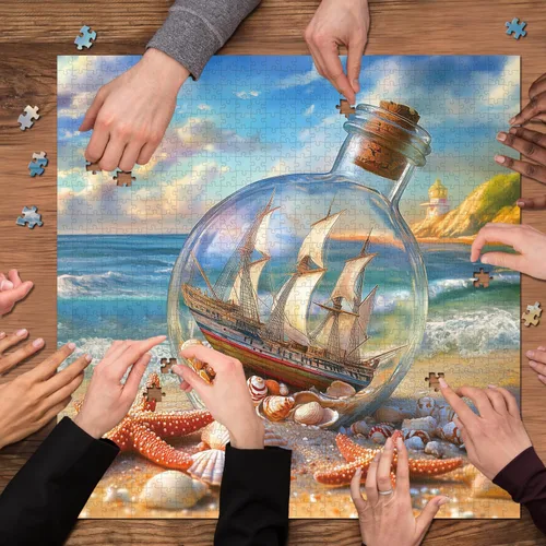 Vista 7 de Rompecabezas de playa para adultos de 1000 piezas, rompecabezas de arte de velero en tarro de conchas marinas, rompecabezas de estrellas de mar