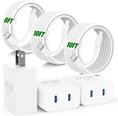 Vista 18 de USB C de carga súper rápida de 65 W para iPhone 17 16 Pro Max, bloque de carga USB C de 3 puertos de 100 W y cable trenzado tipo C de 3/6/6/10 pies