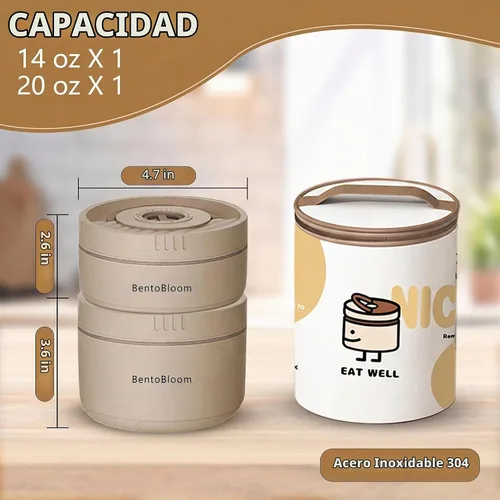 Vista 4 de Bento Box - Lonchera redonda apilable para mujeres (15.2 fl oz y 20.3 fl oz) con bolsa de transporte aislada, insertos extraíbles de acero