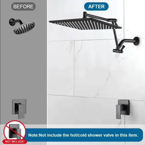 Vista 5 de ALL METAL - Cabezal de ducha de lluvia negro mate, cabezal de ducha grande de acero inoxidable de 12 pulgadas con brazo de extensión ajustable