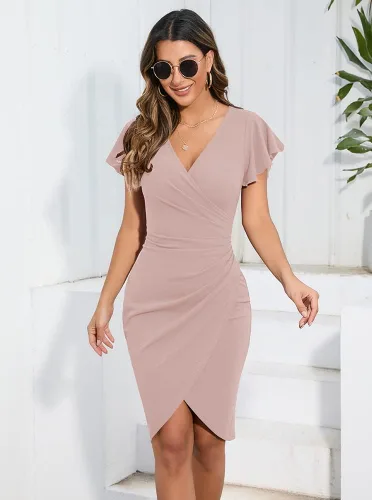 Vista 2 de Machico - Vestido sexy para mujer, diseño con cuello en V cruzado, manga con volantes, fruncido, ceñido al cuerpo, para cóctel, fiesta, trabajo