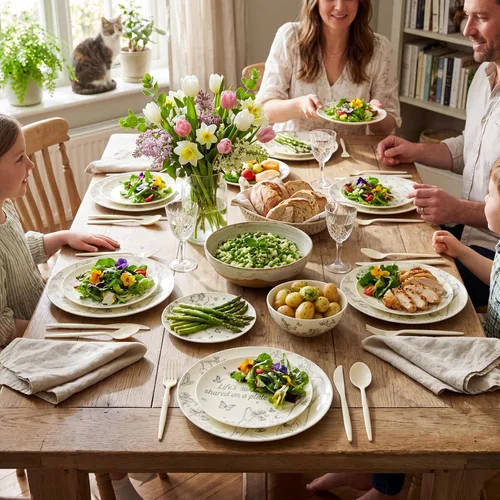 Vista 4 de EI - Juego de 60 platos de plástico color crema, cena de 10.25 pulgadas y platos florales de postre de 7.5 pulgadas, elegantes platos de plástico