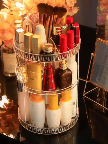 Vista 3 de PJLANDI Organizador de maquillaje giratorio de acrílico 360, soporte de almacenamiento cosmético estante Perfume en tocador de baño