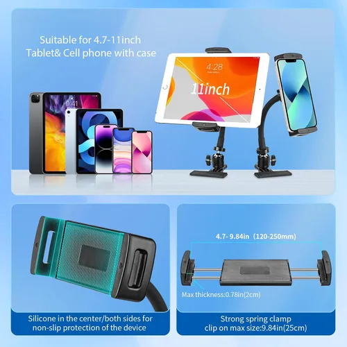Vista 5 de ROCKFREE Soporte para tablet con clip con brazo de cuello de cisne resistente, soporte de abrazadera de iPad ajustable de 360° para escritorio