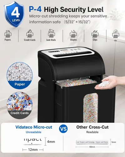 Vista 4 de VidaTeco - Trituradora de papel para hogar/oficina, 14 hojas, 60 minutos, corte micro con cuchilla patentada en EE. UU., tritura