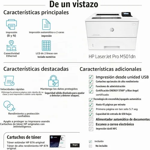 Vista 5 de HP LaserJet Pro M501dn Impresora dúplex con garantía in situ de un año, al siguiente día laborable (J8H61A)