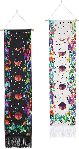 Vista 10 de Ochine Paquete de 2 tapices de fase lunar para colgar en la pared, tapices bohemios, fases blancas y negras, decoración del hogar para sala de estar