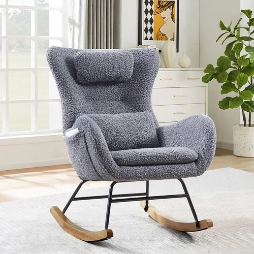 Vista 2 de Mecedora moderna, silla mecedora tapizada, silla de acento cómoda con asiento acolchado, respaldo alto, sofá de ocio para lectura, dormitorio, sala