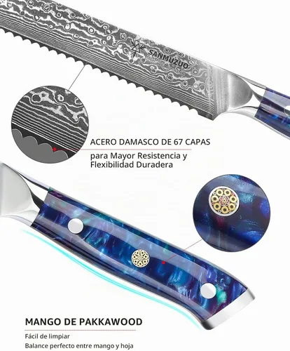 Vista 3 de Cuchillo de pan de cocina dentado de 8 pulgadas, mango de acero y resina de Damasco - Serie Xuan (azul zafiro)