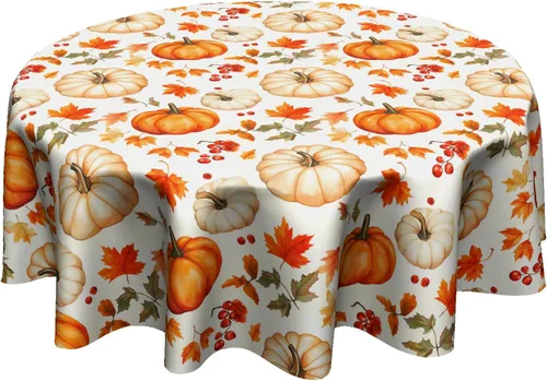 Vista 45 de Mantel redondo de otoño de 60 pulgadas, mantel redondo de otoño de Acción de Gracias, diseño de calabaza, búfalo, mantel rústico para vacaciones