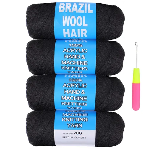 Vista 16 de COOKOO 2 rollos de hilo de lana brasileña color negro natural para cabello trenzado de ganchillo, trenzas, torsión, urdimbres, torsión senegalesa