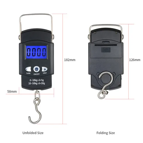 Vista 2 de Báscula de pesca, máx. 110 libras110.2 lbs, balanza de equipaje retroiluminada, pantalla LCD portátil, balanza digital para colgar con cinta métrica.