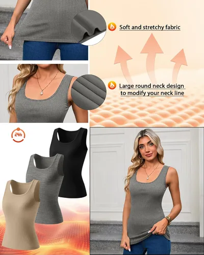 Vista 3 de Paquete de 3 camisetas térmicas sin mangas acanaladas para mujer, de forro polar de algodón, cuello redondo, ajustadas, capa base de camisola
