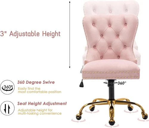 Vista 11 de Moderna silla giratoria de terciopelo, silla de escritorio de maquillaje copetuda con ruedas y base dorada, cómoda silla de escritorio tapizada