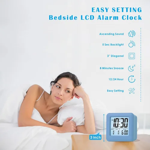 Vista 2 de Plumeet Reloj despertador digital para niños con repetición y luz nocturna blanca, reloj despertador de viaje de fácil configuración, hora, fecha