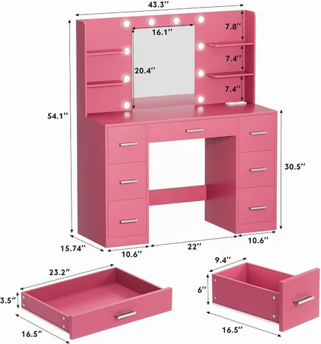 Vista 6 de VICTONE Escritorio de tocador con espejo iluminado LED y toma de corriente, 3 modelos de luces, mesa de tocador de maquillaje con 7 cajones y 6