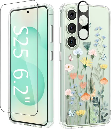 Vista 53 de GVIEWIN Funda protectora para Samsung Galaxy S25, transparente floral, delgada, a prueba de golpes, para mujer, no se pone amarilla, con protector